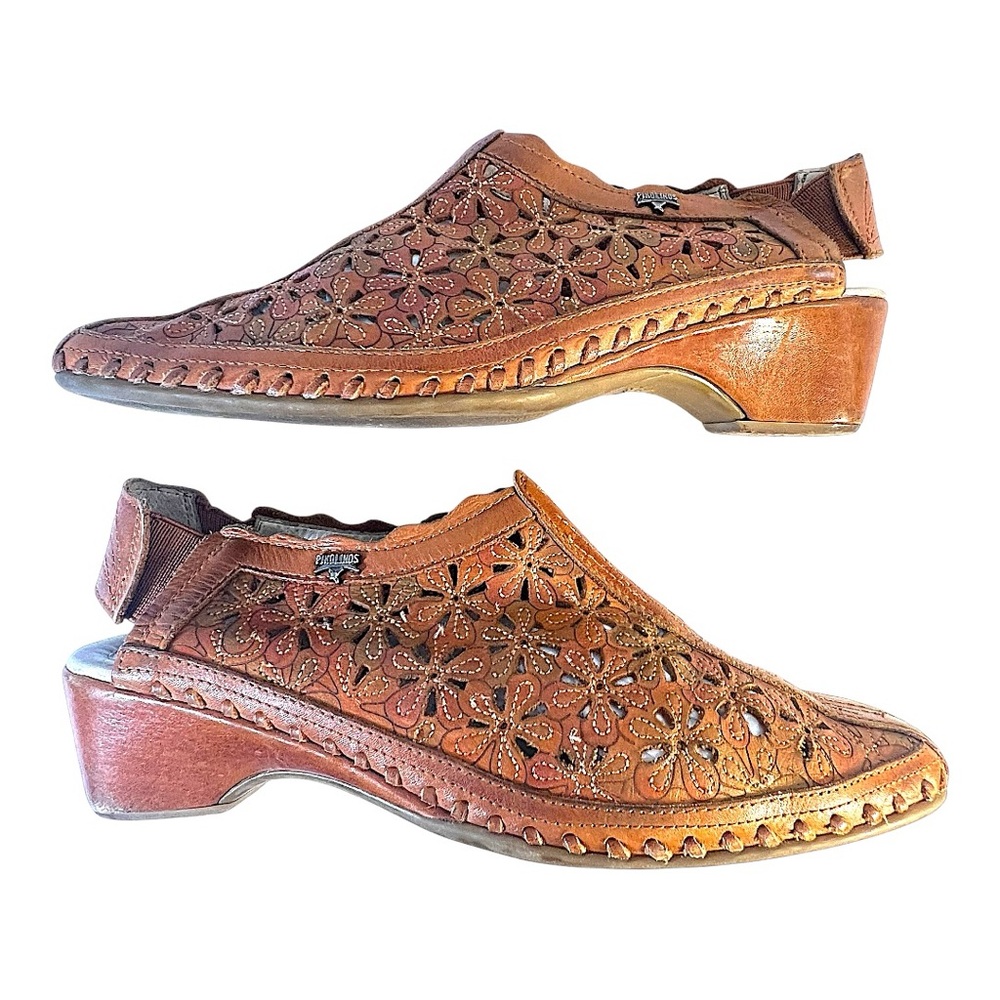 PIKOLINOS Orange Floral all leather Cutout Mules SZ 38 or 7.5
